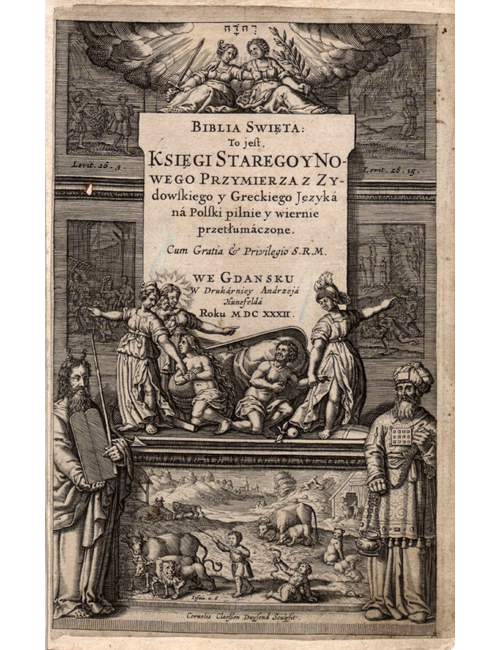 Reprezentatywne wydanie: Biblia Gdańska. Źródło: Wikimedia Commons — karta tytułowa 1632, domena publiczna