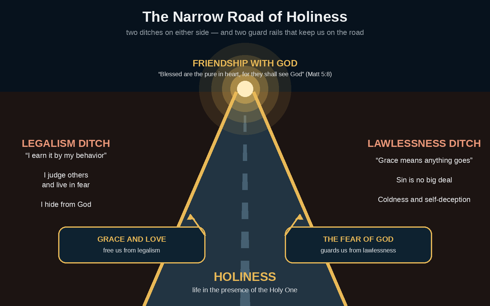 The narrow road of holiness — legalism, lawlessness, grace and the fear of God